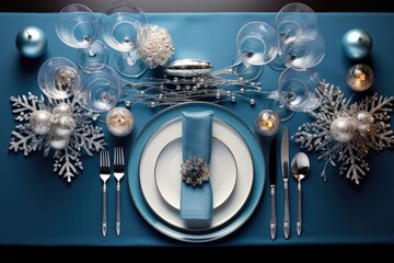 Christmas table setting with dishware, silverware and decorations on festive table. Top view.
