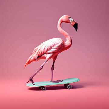 Minimalistic photo of a pink flamingo on a skateboard