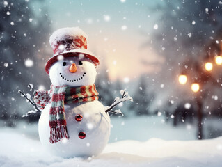 Fototapeta premium Happy snowman standing in Christmas landscape. Merry Christmas and Happy New Year greeting card