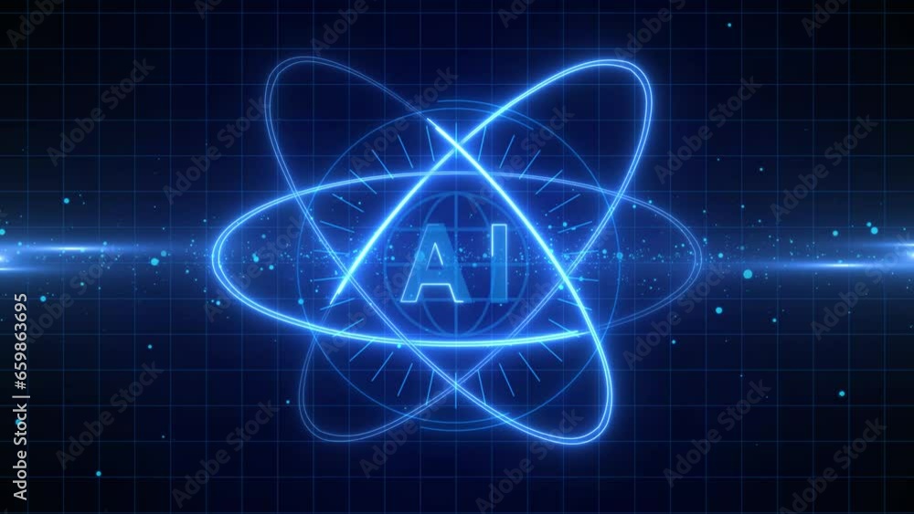 Poster AI artificial intelligence - futuristic science background - AI letters centered in the middle of rotating circles and particle animation