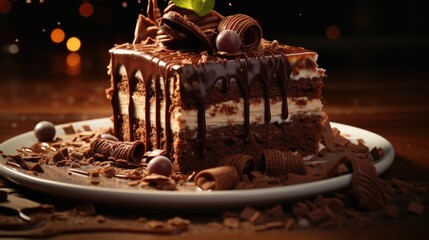 Plate with slice of tasty homemade chocolate cake on table.