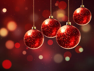 Fototapeta na wymiar Red shiny Christmas balls on a burgundy background with bokeh effect