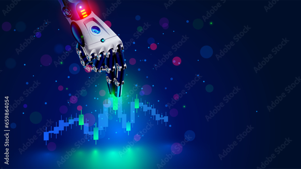 Aufkleber Robot trader. AI for automation trading on stock market. Hand robot point at candlestick graph on screen phone. Artificial intelligence trader. Artificial Neural network in App for Online trading.