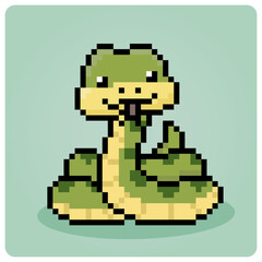 Green snake in 8 bit pixel art. Animal for game asset and cross stitch pattern in vector illustration.