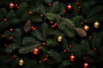 Fototapeta na wymiar Background of green dark texture spruce christmas tree branches with cones