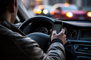 driver in a car, eyes on their phone screen