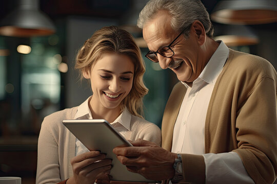 Experienced employee helping a younger colleague. Mentoring on workplace. Two cheerful diverse business colleagues talking at laptop, discussing software product for work, chatting, smiling, laughing.