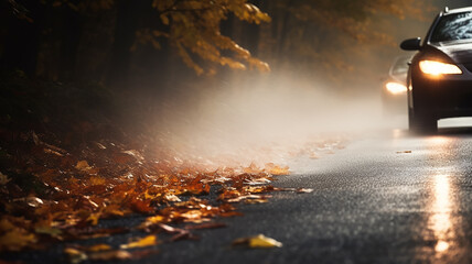 car luminous fog lamp close-up, autumn wet road in the weather rain and fog, leaf fall in yellow tones, the road in the headlights - obrazy, fototapety, plakaty