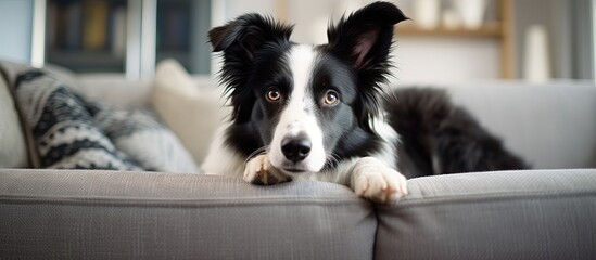 Cute border collie naps on couch in house