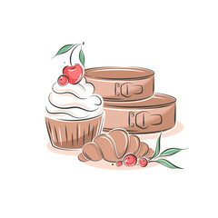 Desserts, pastry dishes, сroissant and baking tools. Cake shop. Vector illustration for menu, recipe book, baking shop, cafe.