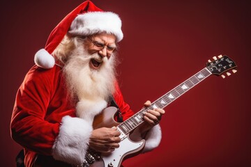 Santa Claus merrily strumming on a guitar
