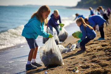 Children participating in a beach cleanup