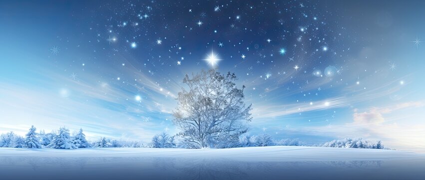 Image of a Christmas tree with a holiday background in light indigo and silver colors with snow. Generative AI