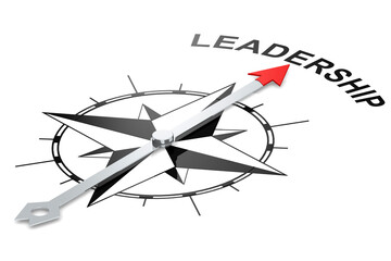 Compass pointing toward leadership word isolated