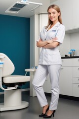 Female attractive sexy doctor standing in the office and smiling at camera. Generative AI