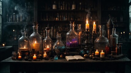 Illustration of a spooky laboratory with bubbling potions, flickering candles, and ancient spell books - obrazy, fototapety, plakaty