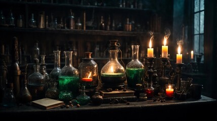 Illustration of a spooky laboratory with bubbling potions, flickering candles, and ancient spell books