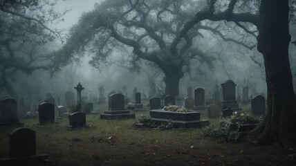 Haunted graveyard with a decrepit mausoleum, overgrown tombstones, and a chilling mist hovering above the ground