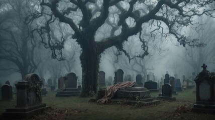 Fototapeta na wymiar Haunted graveyard with a decrepit mausoleum, overgrown tombstones, and a chilling mist hovering above the ground
