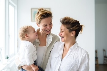 Portrait of happy female Gay couple with baby at home. Concept of lgbt people, lesbian marriage and adoption, homosexual family
