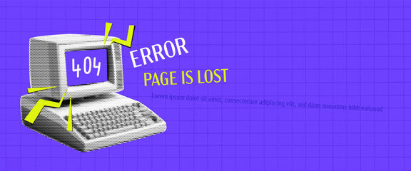 Purple checkered background with acid green doodles. Error 404, page not found. Contemporary vibrant collage with retro computer in trendy halftone style.