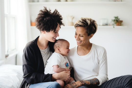 Portrait Of Happy Female Gay Couple With Baby At Home. Concept Of Lgbt People, Lesbian Marriage And Adoption, Homosexual Family