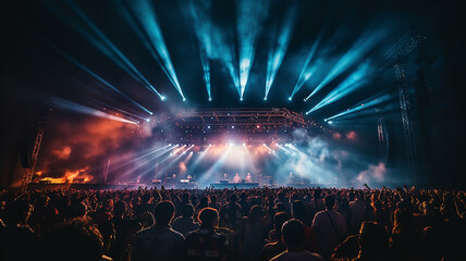 night music concert view from the crowd, stage with rays of light in the fog, musical performance generated rock fest