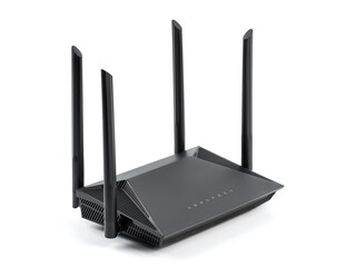 Black wireless internet router isolated on white background. Wireless Wi-Fi router isolated on white. Fiber Optic Internet. Network cables Connected to a router, speed test concept.