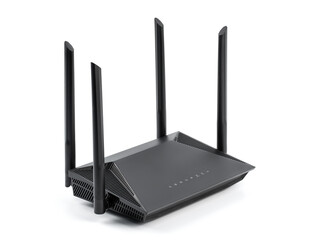Black wireless internet router isolated on white background. Wireless Wi-Fi router isolated on...