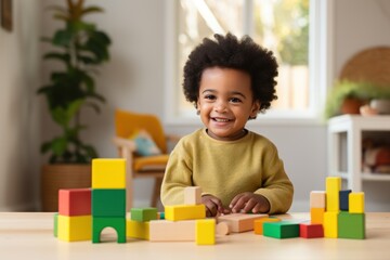A lifestyle photograph of a young African American toddler playing with colorful wooden block toys. Cocent of a happy childhood. - obrazy, fototapety, plakaty