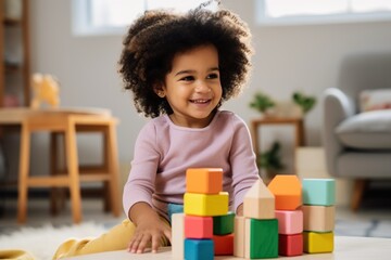 Fototapeta premium A lifestyle photograph of a young African American toddler playing with colorful wooden block toys. Cocent of a happy childhood.