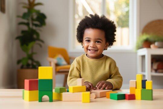 A lifestyle photograph of a young African American toddler playing with colorful wooden block toys. Cocent of a happy childhood.