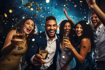 Foto op Canvas Happy smiling group of mixed race young people holing champagne glasses, laughing and having fun at the disco club new year party © Jasmina