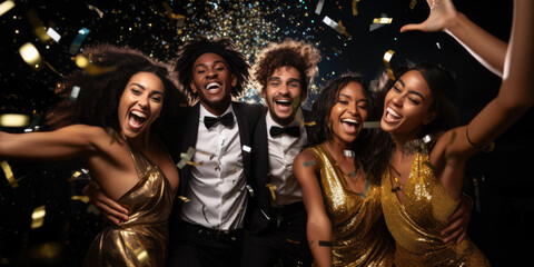 Happy smiling group of mixed race young people dancing, laughing and having fun at the disco club new year party