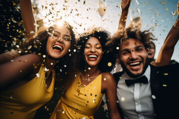 Happy smiling group of mixed race young people dancing, laughing and having fun at the disco party