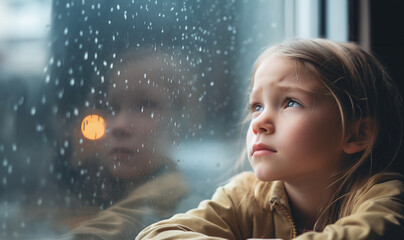 Sad cute child looking trough the window on a rainy day. Pensive child looking out window during rainy day. Thoughtful young child standing by window looks sad