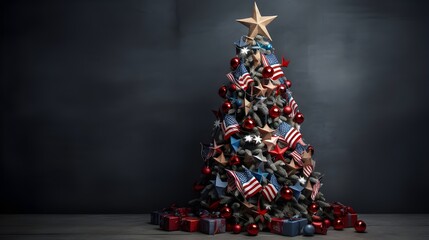 Christmass tree in USA flag colors.Christmass tree with christmass tree toys and USA  small size...