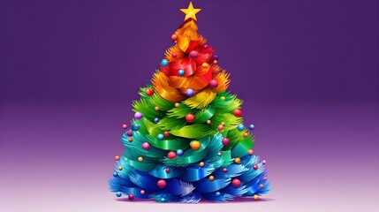 Christmass tree in LGBT flag colors. Christmass tree with colorfull christmass tree toys at the purple background.