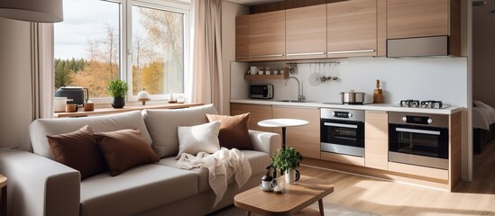 Cozy studio apartment with inviting interior featuring a comfortable brown sofa curtains and a cream colored kitchen with an island - obrazy, fototapety, plakaty
