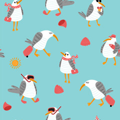 Funny seagulls vector seamless pattern
