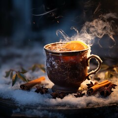 cup of mulled wine in the winter, christmas time - obrazy, fototapety, plakaty