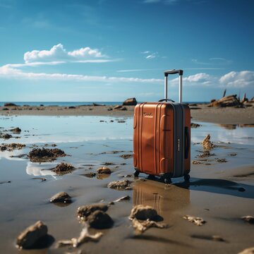 suitcase on the beach with sea, Vacation prices, expensive holidays, suitcase on abonded beach