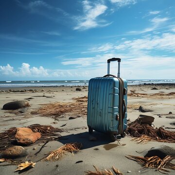 Vacation prices, expensive holidays, suitcase on abonded beach