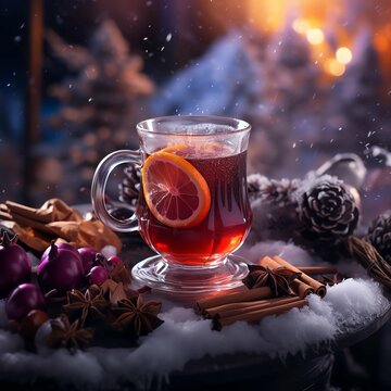 mulled wine with spices, cup of mulled wine in the winter, christmas time