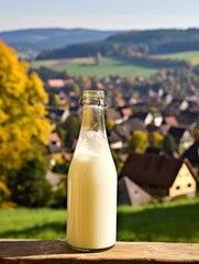 Bottle of homemade village milk against the backdrop of the village. AI