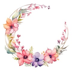 Circle frame of watercolor flowers and leaves on white background.