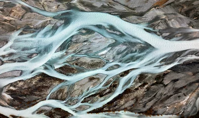 Fotobehang Slaapkamer River aerial view in Norway abstract nature glacier water drone scenery background landscape ecology concept  © EVERST
