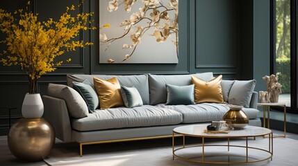 cozy modern luxurious interior design of a spacious living-room with grey chester sofa, glass or marble coffee table, white walls and golden and bronze colored decorative elements
