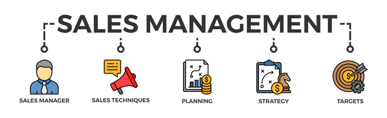 Sales management banner web icon vector illustration concept with icon of manager, sales techniques, planning, strategy, and targets