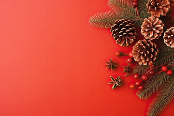 Christmas composition. Christmas fir tree branches, cinnamon, pine cones on red background with blank space for text